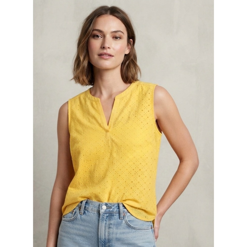 Eddie Bauer Eyelet Canary Yellow Sleeveless Mix Top V-Neck Blouse XL